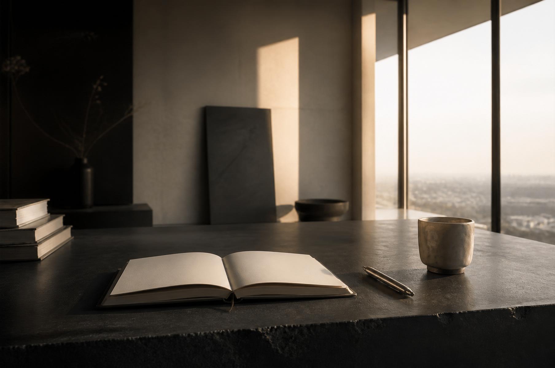 Minimalist workspace at sunrise